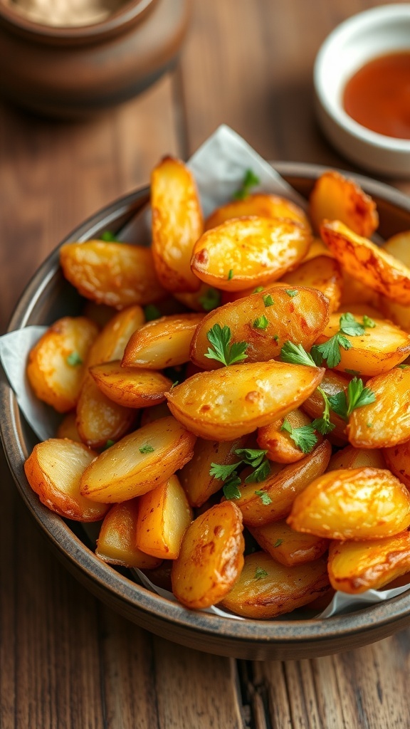 Crispy air-fried golden potatoes garnished with parsley in a rustic bowl.